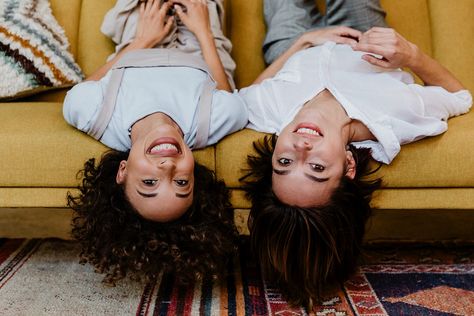 Cheerful women lying upside down on a mustard yellow couch | premium image by rawpixel.com / McKinsey Lying Upside Down Pose, Mustard Yellow Couch, Outset Island, Bestie Shoot, Smile Woman, Sisters Photography, About Smile, Couple Home, Yellow Couch