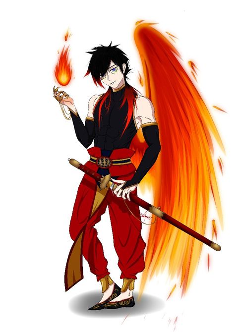 I decided to dress him in Chinese and Japanese clothes and gave him a Dao as a sword, black hair and obviously fire magic. I think he's a hot guy (no pun intended) Phoenix Oc Male, Human Phoenix Character Design, Phoenix Human Form, The Phoenix King, Phoenix Oc, Phoenix Human, Power Ideas, Human Version, Villain Outfits