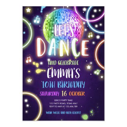 Disco Birthday Invitation, Pink Template, Disco Birthday, Dance Party Invitations, Dance Party Birthday, Glow Party Supplies, Party Neon, Blacklight Party, Neon Birthday