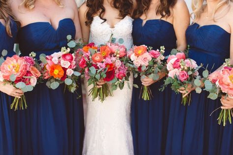 Coral peony bride and bridesmaid bouquets by The Little Branch. Photo by Anna Delores Photography. Follow @annadelores #weddingphotographer #weddingphotography #destinationwedding #weddingphotography Casa Romantica Wedding, Spanish Style Wedding, Best Wedding Colors, Summer Wedding Bouquets, Navy Blue Bridesmaid Dresses, Boda Mexicana, Wedding Color Inspiration, Navy Bridesmaid Dresses, Bright Wedding