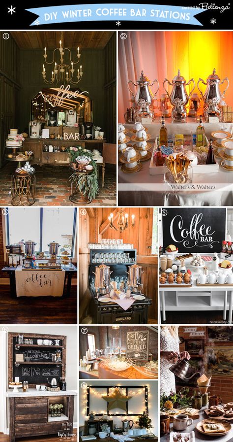 How to Set Up a Winter Coffee Bar at a Wedding  http://www.bellenza.com/wedding-ideas/diy-projects/how-to-set-up-a-coffee-bar-at-a-winter-wedding.html #coffee #coffeebar #diycoffeebars #coffeestations Coffee Bar Wedding Reception, Winter Coffee Bar, Coffee Station Wedding, Reception Coffee Bar, Coffee Reception, Wedding Brunch Reception, Coffee Bar Wedding, Bar Wedding Reception, Coffee Bar Station