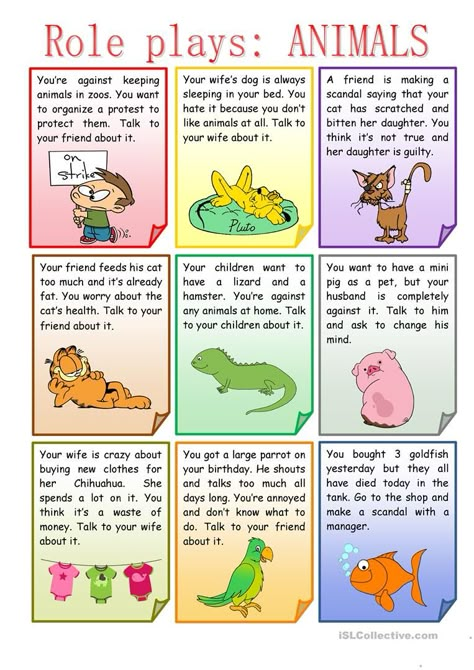 ROLE PLAYS - Animals - English ESL Worksheets for distance learning and physical classrooms Role Plays English, Role Playing Activities For Kids, English Language Activities, Conversation For Kids, English Conversation For Kids, Ingles Kids, Speaking Activities English, Speaking Cards, Role Play Ideas