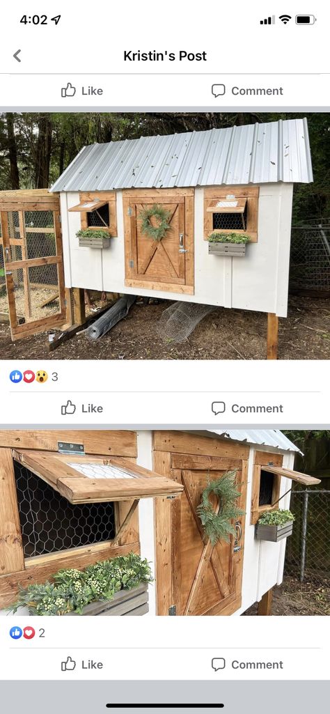 Hen House Ideas Diy, Chicken Coop With Shingles, Chicken Coop Cover Ideas, Chicken Coop Layout Design, Chicken Pens Ideas Houses, Green And White Chicken Coop, Self Sufficient Chicken Coop, Chicken Hutch Ideas, Amazon Chicken Coop