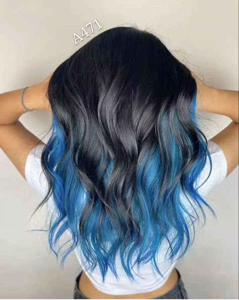 Black And Color Highlights, Dark Brown And Blue Hair Ombre, Dark Brown And Colored Hair, Bottom Half Dyed Hair Blue, Top Half Black Bottom Half Blue Hair, Blue Partial Highlights, Blue Color Hair Highlights, Black Roots And Blue Hair, Blue Highlights With Brown Hair