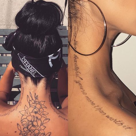 Sahlt - Alycia Tyre Writing Upper Shoulder Tattoo | Steal Her Style Upper Shoulder Tattoo, Women's Shoulder Tattoo, Girl Neck Tattoos, Side Neck Tattoo, Neck Tattoos Women, Writing Tattoos, Love Tattoo, Inspiration Tattoo, Stomach Tattoos