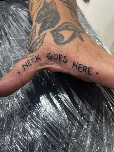 Hand tattoo neck goes here Hand Around Neck Tattoo, Your Neck Here Tattoo, Hand Tattoos For Dark Skin Guys, Protect Ya Neck Tattoo, Dead Man’s Hand Tattoo, Shoulder Neck Tattoo Men, No Hand Outs Tattoo, Emo Neck Tattoos, Top Of The Hand Tattoos