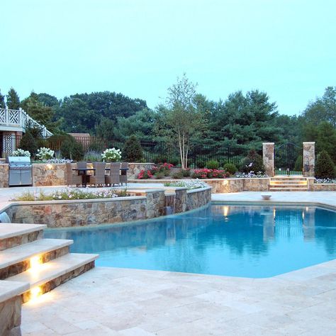 French: St. Johns - Traditional - Pool - Dallas - by Harold Leidner Landscape Architects | Houzz Travertine Pool Deck, Pool Decking Concrete, Travertine Pool Decking, Stone Pool Coping, Traditional Pool, Luxury Outdoor Living, Poolhouse Bar, Travertine Pool Coping, Travertine Pool