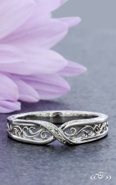 Delicate Platinum Twist Wedding Band with Dainty Milgrain and Filigree Details. Green Lake Jewelry 108351 Twist Wedding Band, Green Lake Jewelry, Grey Bar, Infinity Ring Wedding, Tungsten Mens Rings, Beautiful Wedding Rings, Green Lake, Wedding Band Sets, Wedding Rings Vintage