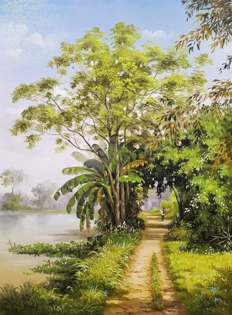 Countryside Paintings, Drawing Scenery, Water Colour Art, Art Village, Scenery Paintings, Beautiful Art Paintings, Colour Art, Beautiful Water, Female Art Painting