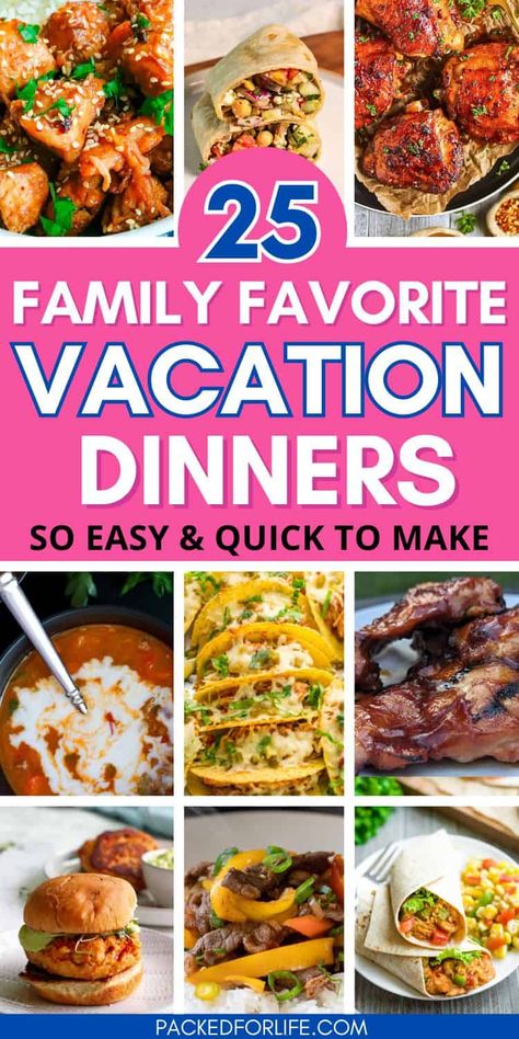 Ready for an easy family vacation? Grab these family vacation dinner ideas & recipes that are perfect for your vacation rental meals. Whether you need beach vacation meals, summer vacation meals, or fall, winter dinners, these will fuel your family. Cacation dinner ideas beach | Quick and easy vacation dinners | Easy vacation dinners families Yummy Healthy Casseroles For Dinner, Family Of Four Dinner Ideas, Big Family Dinner Ideas Summer, Vacation Dinner Ideas Families, Meals For The Beach Vacation, Easy Beach House Meals, Summer Vacation Recipes, Vacation Dinners For A Crowd, Beach Trip Meals Family Vacations