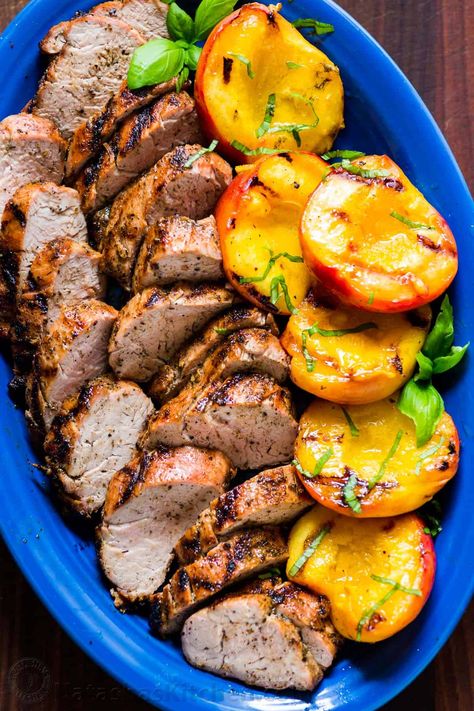 How to grill peaches and how to grill pork tenderloin Pork Loin And Peaches Recipes, Grilled Pork Tenderloin Recipes, Summer Hosting, British Foods, Pork Tenderloins, Grilled Recipes, Bbq Cookout, Pork Tenderloin Recipe, Bbq Pork Ribs