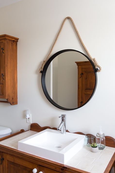 Rope mirror | Tutorial | Bathroom makeover | Home Decor | DIY | Easy | Simple Round Mirror With Rope, Mirror Tutorial, Eclectic Bathroom Design, Decorative Bathroom Mirrors, Best Bathroom Flooring, Mirror Decor Ideas, Rope Mirror, Eclectic Bathroom, Bathroom Inspiration Modern