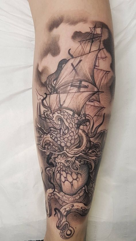 First tattoo. Kraken attacking a ship on my calf. Done by Lee at Tortuga Tattoo UK https://ift.tt/32GCsoX #tattoo #tattoos #Fashion #lifestyle Kracken Tattoo Back, Kraken Attacking Ship Tattoo, Kraken Ship Tattoo, Ship Wreck Tattoo, Shipwreck Tattoo, Tattoo Pieces, Ocean Sleeve, Calf Tattoo Men, Pirate Ship Tattoo