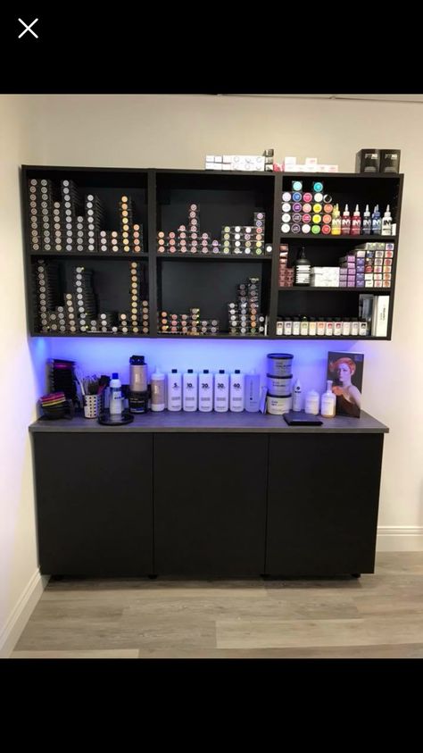 Hair Color Dispensary Salon Ideas, Small Salon Storage Ideas, Colour Bar Hair Salon, Salon Interior Design Black, Color Bar Salon Ideas Small Spaces, Salon Color Bar Ideas, Salon Color Storage, Salon Hair Color Storage, Salon Waiting Area Ideas