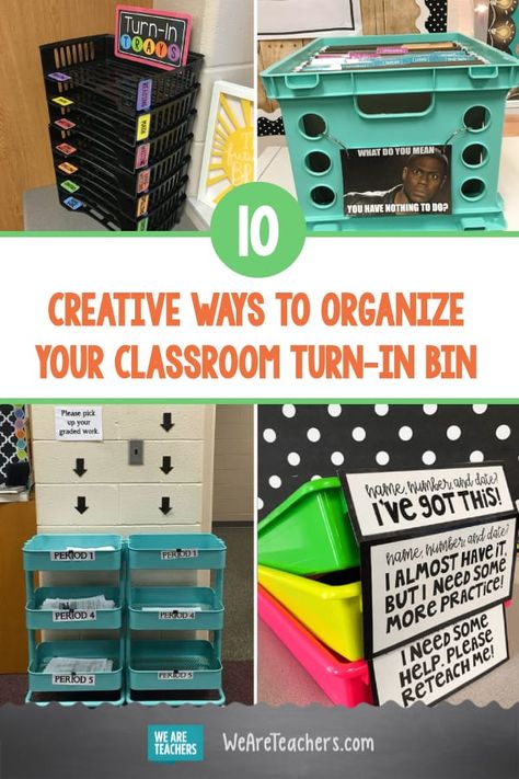 10 Creative Ways to Organize Your Classroom Turn-In Bin Assignment Turn In Baskets, Classroom Organization Turn In Work, Hs Classroom Organization, Turn It In Bin Classroom, Classroom Organisation Secondary, Textbook Storage Classroom, Finished Work Bin Classroom Organization, Turn In Box Classroom, Teacher Turn In Bins