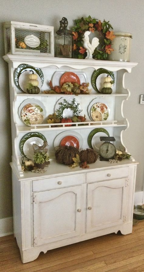 Fall China Cabinet Display, Decorating Top Of Hutch Farmhouse, Small Lamp In Kitchen, Decorate Top Of China Cabinet, Dining Hutch Decor, Hanging Plate Rack, China Cabinet Decor, Farmhouse China Cabinet, Hutch Styling