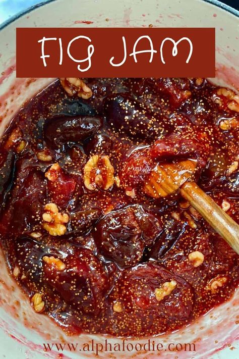 This 4-ingredient fig jam recipe (fig preserves) contains just fresh figs, lemon, sugar, and walnuts (optional), with no pectin but with several flavor variations! The results are perfect for spreading over bagels, toast, adding to grilled cheese, dolloping over pizza, and more! Fig Perserves Recipes, Fig Recipes Dessert, Fig Recipes Fresh, Fig Jelly, Fig Preserves Recipe, Fig Preserves, Fig Jam Recipe, Fig Compote, Fig Recipes