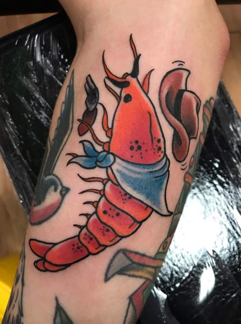 American Traditional Shrimp Tattoo, Cowboy Shrimp Tattoo, Cowboy Animal Tattoo, Traditional Shrimp Tattoo, Ocean Traditional Tattoo, Shrimp Tattoo, Lobster Tattoo, Dumbest Tattoos, Ocean Wave Tattoo