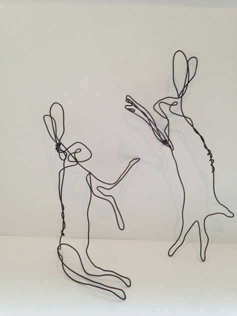 Boxing hares wildlife nature artwork. Tiny handcrafted wire art sculptures. Line drawing and illustration inspired design. Original and handcrafted. See my Etsy shop AHWDesign for similar wire artworks for sale. Hare Line Drawing, Moon Gazing Hare Tattoo, Boxing Drawing, Hare Tattoo, Willow Project, Boxing Hares, Hare Illustration, Moon Gazing Hare, Hare Art