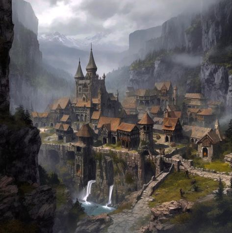 Abandoned Kingdom Art, Mining Town Fantasy Art, Fantasy Kingdom Village, Fantasy Mountain Town, Fantasy Barracks, Fantasy Town Art, Fantasy Town Concept Art, Castle Environment, Vila Medieval