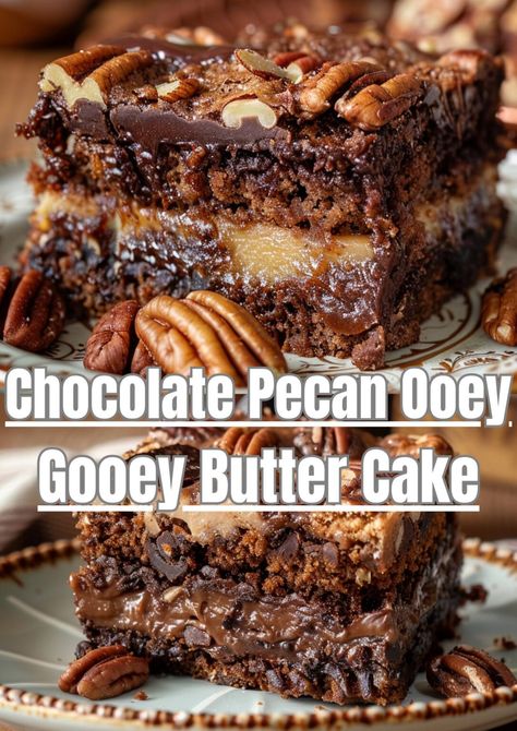 Decadent Chocolate Pecan Ooey Gooey Butter Cake Ooey Gooey Cake, Chocolate Butter Cake, Ooey Gooey Butter Cake, Gooey Cake, Boxed Cake Mixes Recipes, Butter Pecan Cake, Gooey Butter Cake, Butter Cake Recipe, Pecan Cake