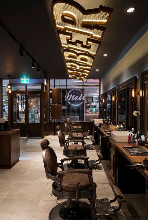 Modern Barber Shop, Barber Shop Vintage, Barbershop Design Interior, Best Barber Shop, Barber Shop Interior, Hair Salon Interior, Salon Suites Decor, Barbershop Design, Interior Ceiling Design