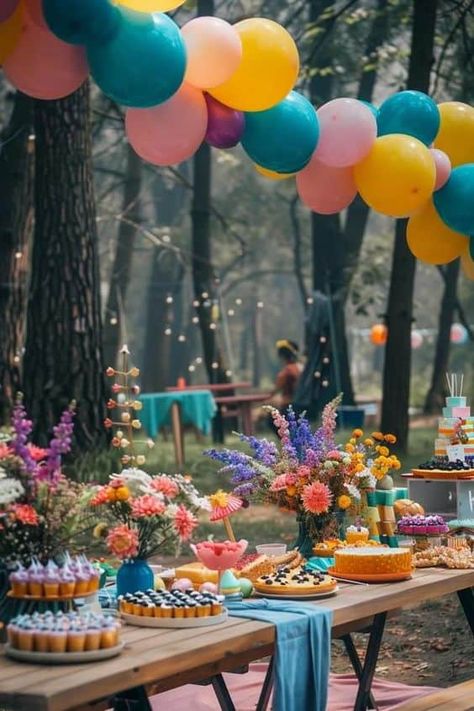 20 Outdoor Birthday Party Decor for Adults - Lady Celebrations Park Pavilion Birthday Party Decorations, Cute Outdoor Birthday Party Ideas, 1st Birthday Party At Park, Driveway Party Set Up, First Birthday Outdoor Decorations, Colorful Backyard Party, Birthday Park Decorations Ideas, Park Birthday Party Ideas Decorations, Toddler Park Birthday Party