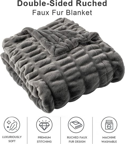 Double Side Ruched Rabbit Fur Blanket for Couch, Bed, Cozy Soft Warm Blanket, 50x60 Inches Rabbit Fur Blanket, Grey Faux Fur Throw, Warm Blankets Cozy, Chair Couch, Faux Fur Throw Blanket, Faux Fur Blanket, Fur Throw Blanket, Classy Decor, Plaid Throw