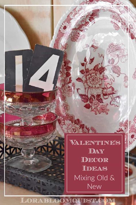 Need Valentine Decorating Ideas? This vintage-inspired hutch display will give you beautiful Valentine decor ideas, mixing old and new. Nostalgic vintage dishes combine with thrifted and new finds for romantic Valentine's home decor. #Valentinedecor #Valentinesdecorating #Valentinesdecor #vintageValentines #hutchdecor #hutchdecorating #hutchdisplay #vintagedecorating French Country Valentines Day Decor, Vintage Party Ideas Decoration, Vintage Valentines Tablescape, Thrifted Valentines Decor, French Valentines Decor, Vintage Valentines Decorations Diy, Antique Valentines Decor, Valentines Farmhouse Decor, Valentine Decorations For Home Romantic