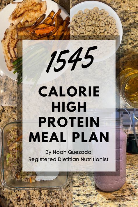 This 1545 calorie meal plan was created by registered dietitian nutritionist Noah Quezada and includes 3 meals and one large snack and is designed as a 7 day meal plan. This meal plan provides 1545 calories, 127 grams of protein, 173 grams of carbohydrates, and 41 grams of fat. Breakfast: Berry Cheesecake Overnight Oats Snack: Banana + Glass of Milk Post-workout Lunch: Slow Cooker Seasoned Chicken, Potatoes and Green Beans  Dinner: Turkey Burger, Salmon, Tilapia with Baked Sweet Potato Fries. 2200 Calorie Meal Plan, Slow Cooker Seasoned Chicken, Oats Snack, High Protein Meal Plan, Banana Protein Smoothie, Protein Meal Plan, High Protein Meal, Honey Nut Cheerios, Preworkout Snack