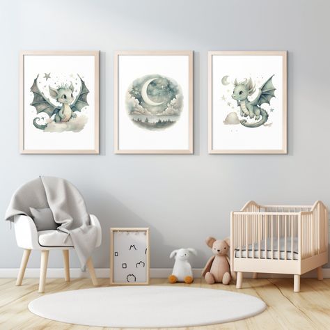 Dragon Nursery Boy, Sage Nursery Boy, Baby Dragon Nursery, Dragon Baby Nursery, Dragon Themed Nursery, Dragons Nursery, Green Dragons, Blue Dragons, Boy Nursery Wall Art