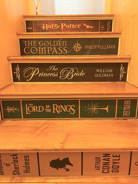 Book Stairs, Disney Decorations, Stair Decals, Purple Books, Purple Carpet, Barn Interior, The Golden Compass, Stairs Ideas, Book Discussion