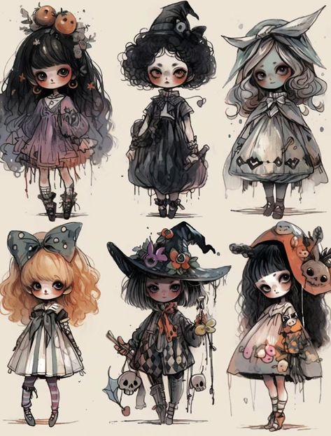 Halloween Costumes Drawings Ideas, Cute Doll Drawing, Doll Tattoo Ideas, Character Art Ideas, Doll Illustration, Creepy Kawaii, Halloween Witch Dolls, Pumpkin Doll, Halloween Facts