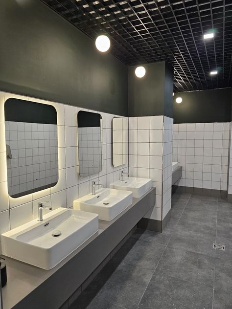 Public Bathroom Ideas, Corporate Bathroom, Commercial Restroom Design, Communal Bathroom, Workplace Bathroom, Office Bathrooms, Public Restroom Design, Industrial Toilet, Restroom Architecture