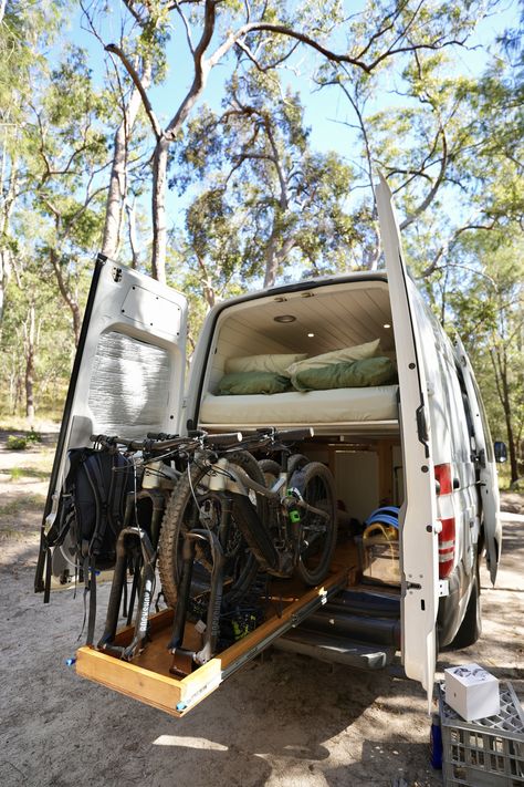 Van Bike Storage, Mountain Bike Storage, Bike Storage In Van, Diy Slides, Converted Vans, Diy Van Conversions, Mercedes Sprinter Camper, Van Conversion Interior, Sprinter Camper