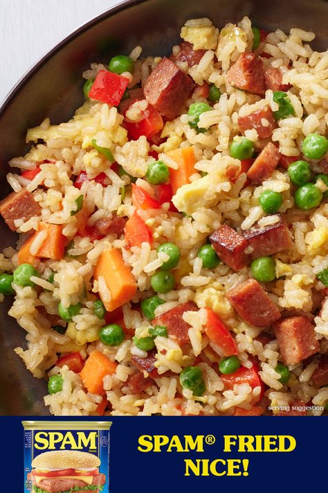 Korean Spam, Recipes With Spam, Fried Rice Spam, Rice Ball Recipe, Spam Recipes Dinners, Spam Rice, Spam Fried Rice, Fried Rice Recipes, Rice Peas