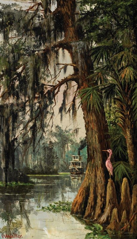 William Aiken Walker, "Ocklawaha River, Sternwheeler," 1888, Oil on board, The Florida Art Collection, Gift of Samuel H. and Roberta T. Vickers, 2020.18.94 Old Florida Art, Swamp Oil Painting, Swamp Landscape Art, Florida Landscape Photography, Everglades Tattoo, Tramp Steamer, Swamp Art, Wild Florida, Digital Exhibition