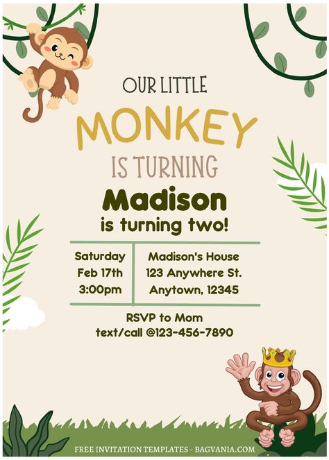 Monkey Invitations, Monkey Birthday Party, Monkey Birthday Parties, Mom Texts, Monkey And Banana, Monkey Birthday, Cartoon Monkey, Birthday Disney, Free Invitation Templates