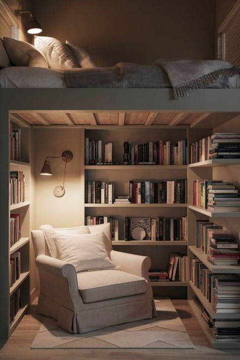 Loft Bed Over Doorway, Loft Bed Guest Room, Loft Bed Library, Bunk Bed With Bookshelf, Bed With Bookshelf Underneath, Small Bedroom With Library, Loft Bed Shelf Night Stands, Loft Sleeping Space, Loft Bed Nook