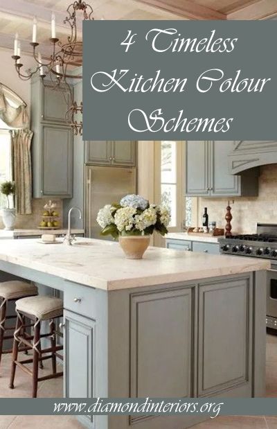 4 Timeless Kitchen Colour Schemes - DIAMOND INTERIORS Country Kitchen Colors, Small Kitchen Colors, Kitchen Interior Inspiration, Country Kitchen Island, Modern Kitchen Colours, Timeless Kitchen Design, Kitchen Colour, Timeless Kitchen, Kitchen Colour Schemes