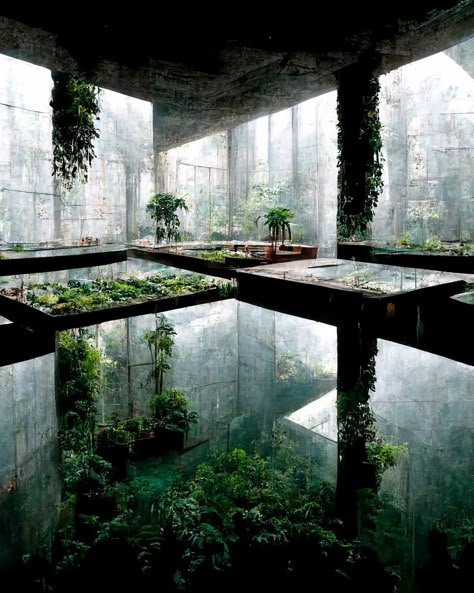 Nature Apocalypse Aesthetic, Biophilic Brutalism, Solarpunk City, Eco Brutalism, Brutalism Interior, Architecture Design Process, Architecture Design Concept, Brutalist Architecture, 판타지 아트