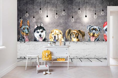 3D Cute Dog Wallpaper, Cartoon Wall Mural, Cement Wall Background Wall Decor, Brick Fence Wall Art, Peel and Stick, Removable Wallpaper Dog Facility, Amazing Murals, Wallpaper Walls, Dog Restaurant, Grooming Ideas, Kennel Ideas, Kindergarten Wallpaper, Playroom Wallpaper, Walls Decor