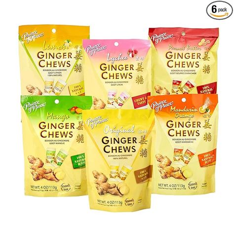 Amazon.com : Prince of Peace Ginger Chews Candy Bundle — Original, Lemon, Orange, Mango, Lychee and Peanut Butter Flavors — 100% Natural, Vegan and Gluten-Free Candies, Pack of 6, 4oz (113g) : Grocery & Gourmet Food Butter Flavors, Natural Candy, Ginger Chews, Candied Ginger, Prince Of Peace, Oranges And Lemons, Fruit Flavored, Variety Pack, Candy Recipes