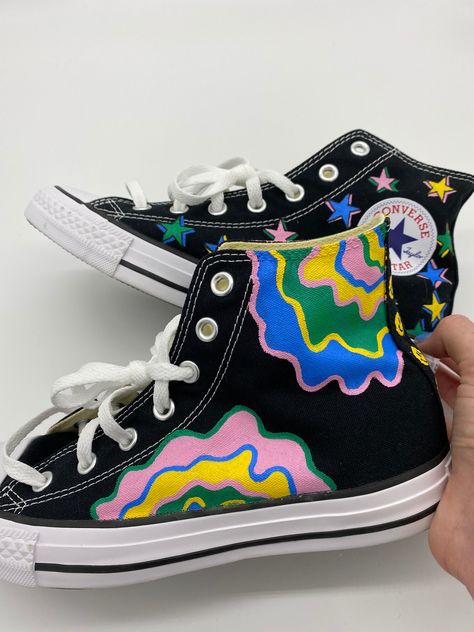 Excited to share this item from my #etsy shop: Custom Hand Painted Good Vibe Converse Shoes Diy Painted, Painted Shoes Diy Ideas, Converse Diy Painted, Paint Shoes Ideas, Diy Converse Shoes Paint, Painting On Converse, Hand Painted Shoes Diy, Diy Shoe Painting Ideas, Custom Converse Ideas