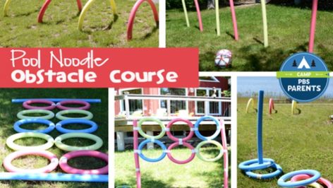 This easily customizable pool noodle obstacle course is perfect for a kid’s play date, party or a family time in the yard. Obstacle Course With Pool Noodles, Fitness Obstacle Course, Pool Obstacle Course Ideas, At Home Obstacle Course Kids, Pool Noodle Obstacle Course Ideas, Home Obstacle Course, Kids Obstacle Course Ideas, Noodle Obstacle Course, Pool Noodle Obstacle Course