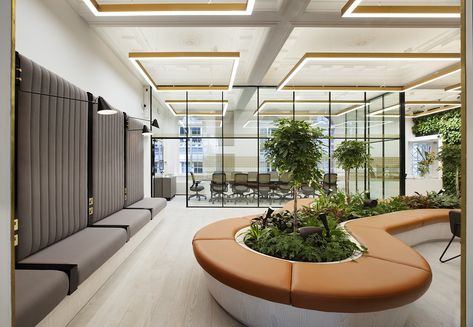 Common area with biophilic elements Crown Estate, Corporate Office Decor, Modern Office Design, Office Floor, Contemporary Office, H Design, Coworking Space, Corporate Office, Office Interior Design