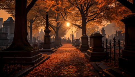 A digital rendering of an old cemetery in the Autumn with falling leaves. cemetery, Autumn, falling leaves, atmosphere, serene, tranquil, seasonal, nature, environment, graveyard, peaceful, nostalgia, ancient, trees, foliage, motion, motion graphics, animation, landscape, scenic, tranquility, ambiance, seasonal change, falling foliage, nature beauty, cemetery scene, autumnal, old, historic, resting place, memorial, solemn, tranquil scene, serene environment, atmospheric, graveyard ambiance Fall Cemetery, Cemetery Backgrounds, Autumn Graveyard, Victorian Cemetery Aesthetic, Dark Cemetery, Goth In Cemetery, Old Cemeteries, Colorful Leaves, Hello Kitty Wallpaper