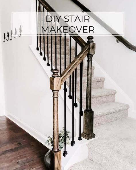 Price Varies Time <4 Hours Difficulty Easy Replace your wood balusters with iron balusters for a new look Are you looking for a simple project with big impact? Replacing wood stair balusters with metal balusters is the project for you....Read More Iron Balusters Stairs, Stairs Diy Renovation, Stairs Upgrade, Iron Stair Balusters, Diy Stairs Makeover, Stairs Diy, Stair Railing Makeover, Diy Stair Railing, Stairs Makeover Ideas