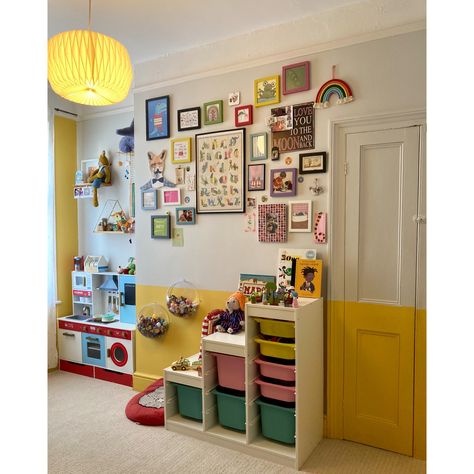 Childrens bedroom. Yellow painted walls. Gallery wall. Toy storage. Toy kitchen Yellow Half Wall, Half Painted Wall, Half Painted Walls, Kids Shared Bedroom, Childrens Bedroom, Shared Bedroom, Kids Room Wall Decor, Yellow Walls, Painted Wall