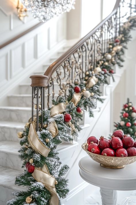 Transform your staircase with stunning Christmas home decor. Snow-kissed garlands and shimmering ornaments create a festive, inviting ambiance. Perfect for adding elegance to your holiday season. #ChristmasHomeDecor #HolidayStyle #FestiveAmbiance Christmas Garland Staircase, Christmas Garland On Stairs, Staircase Garland, Christmas Banister, Christmas Stairs Decorations, Christmas Staircase Decor, Christmas Stairs, Everything Christmas, Christmas Decorations Centerpiece